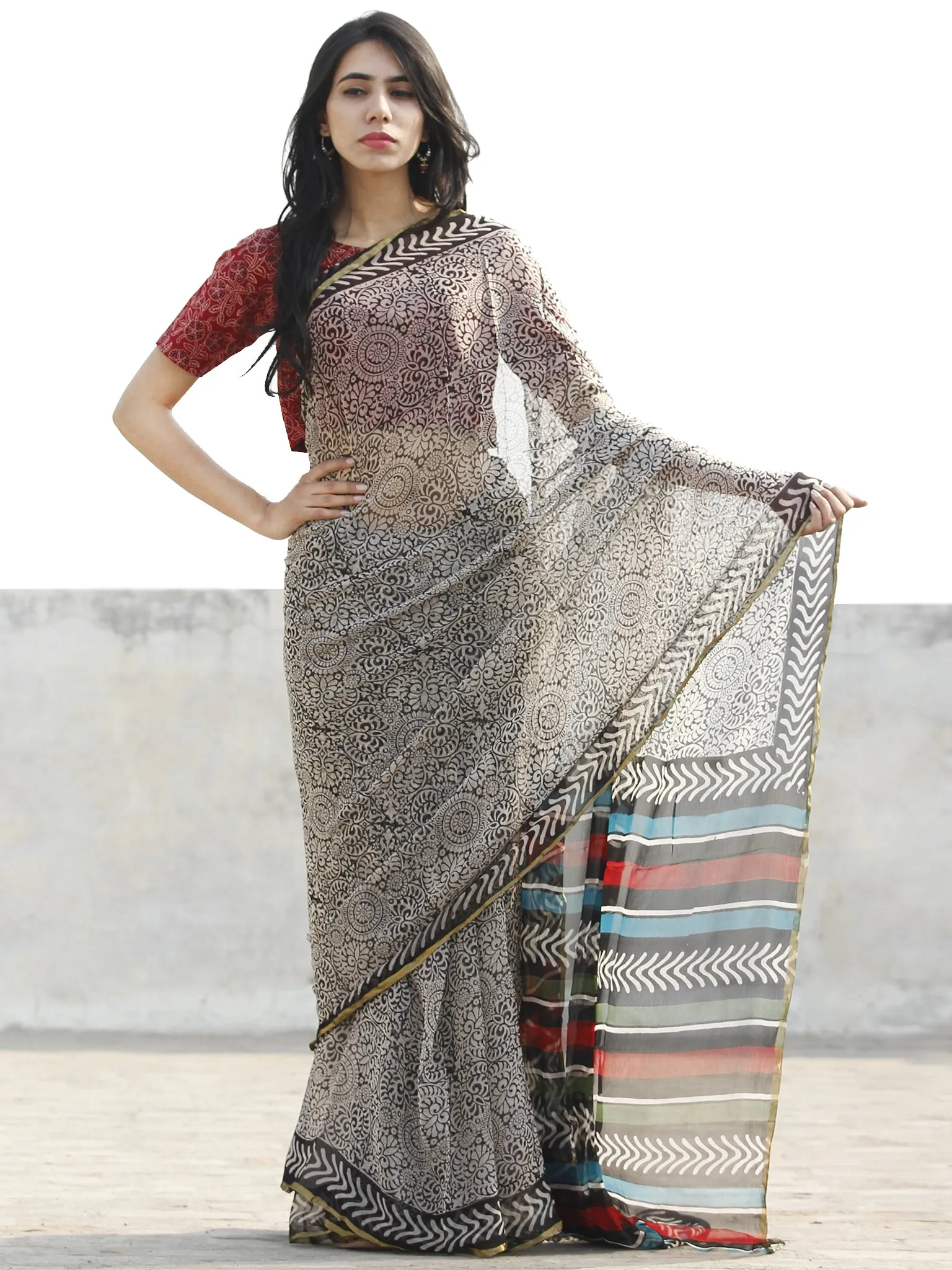 Ivory Black Hand Block Printed Chiffon Saree with Zari border- S031702678