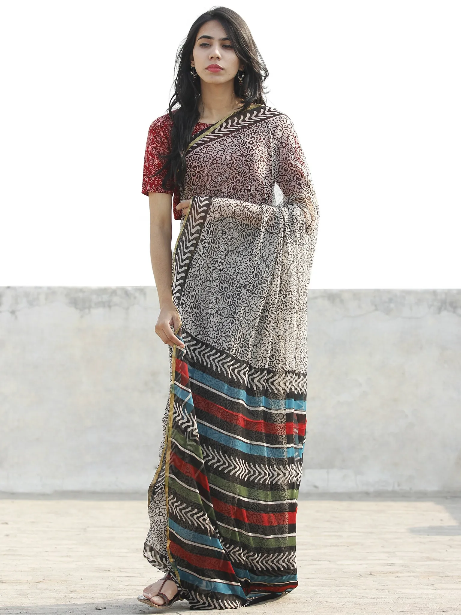 Ivory Black Hand Block Printed Chiffon Saree with Zari border- S031702678