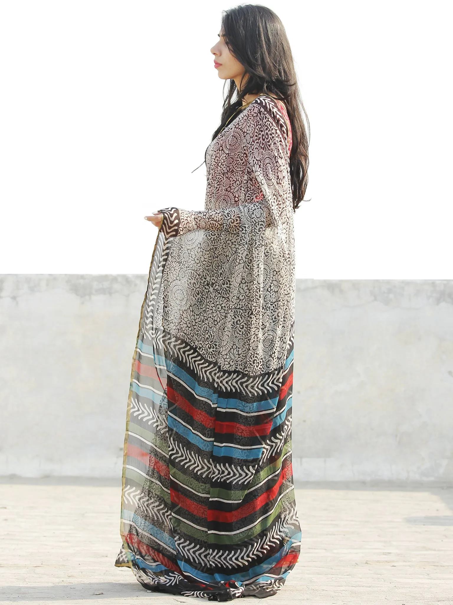 Ivory Black Hand Block Printed Chiffon Saree with Zari border- S031702678