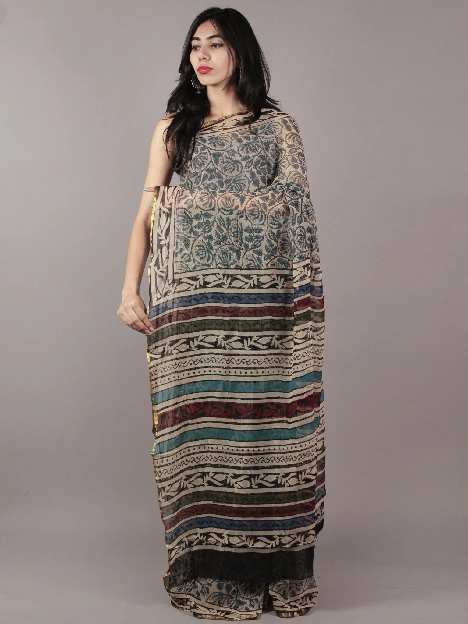 Ivory Royal Blue Black Hand Block Printed Chiffon Saree - S031701817