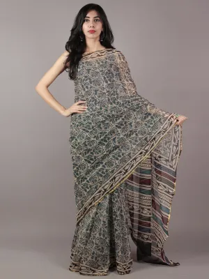 Ivory Royal Blue Black Hand Block Printed Chiffon Saree - S031701817