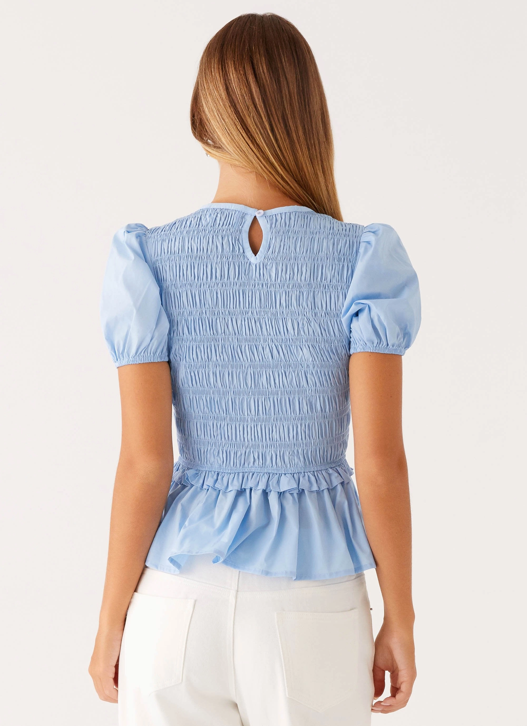 Izzy Shirred Top - Blue RelaxedNeckline Loose Sweater