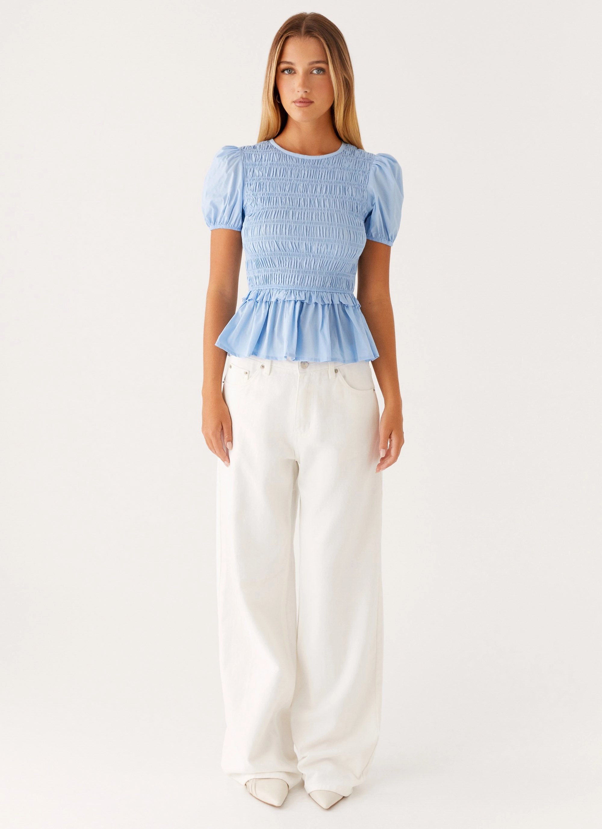 Izzy Shirred Top - Blue AdjustableCuffs HighNeck