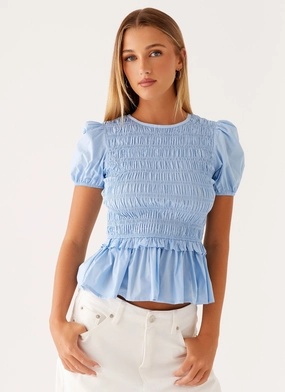 Roll Up Sleeve Design Moisture Wicking Technology Izzy Shirred Top - Blue
