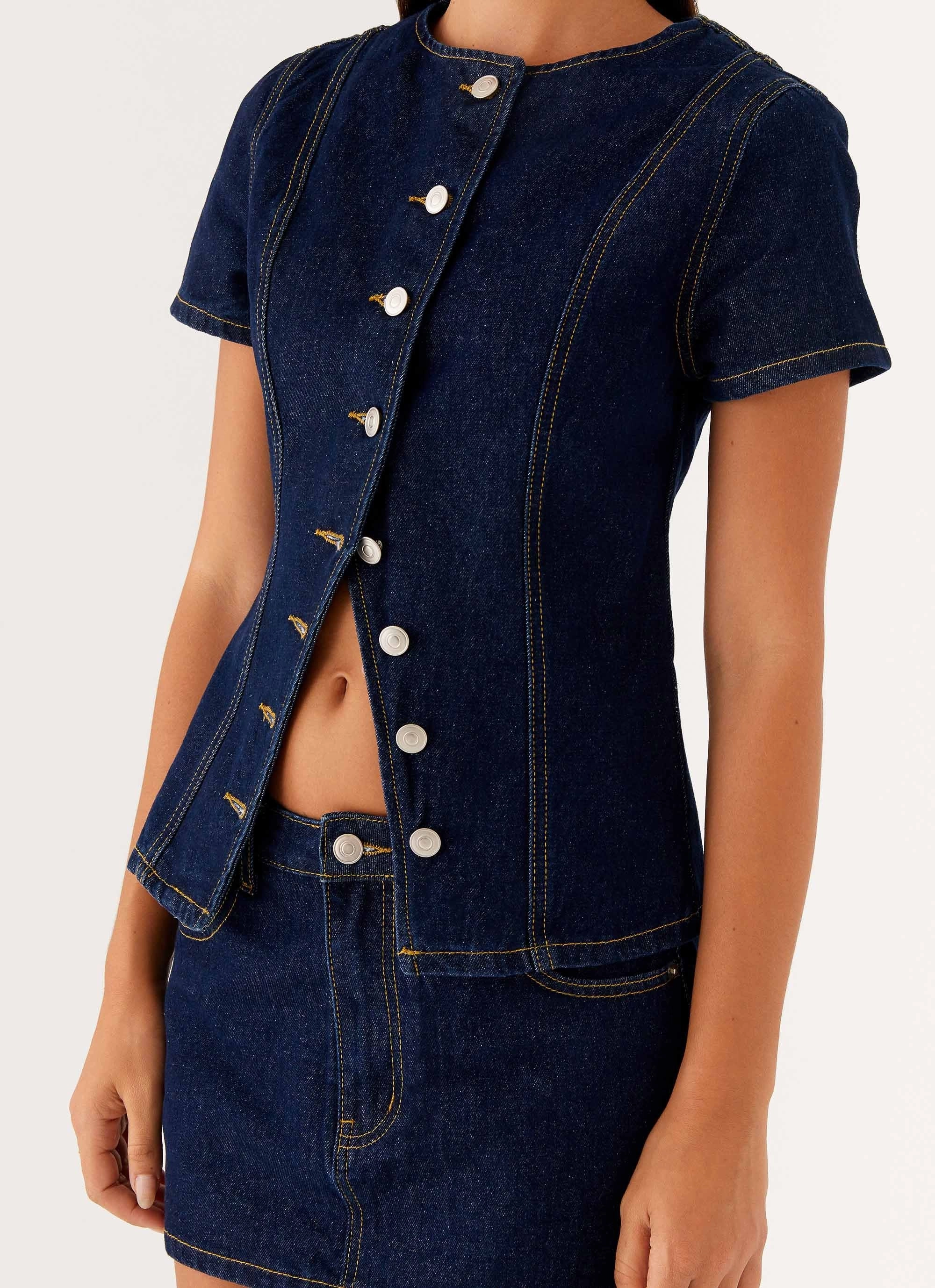 HighNeck RibbedHemline Jagger Top - Indigo