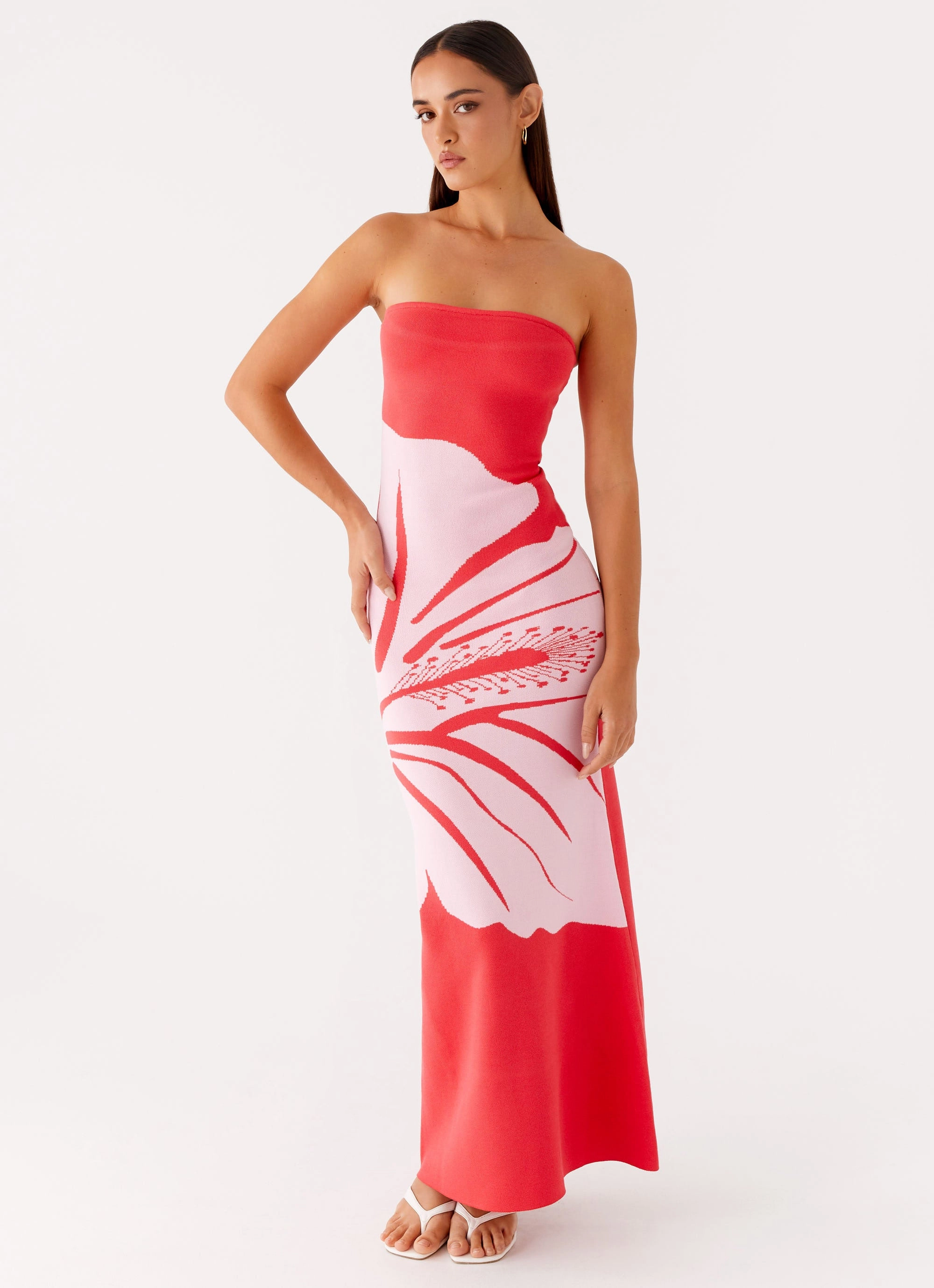 Casual Tones Versatile Comfort Jala Strapless Knit Maxi Dress - Red Floral