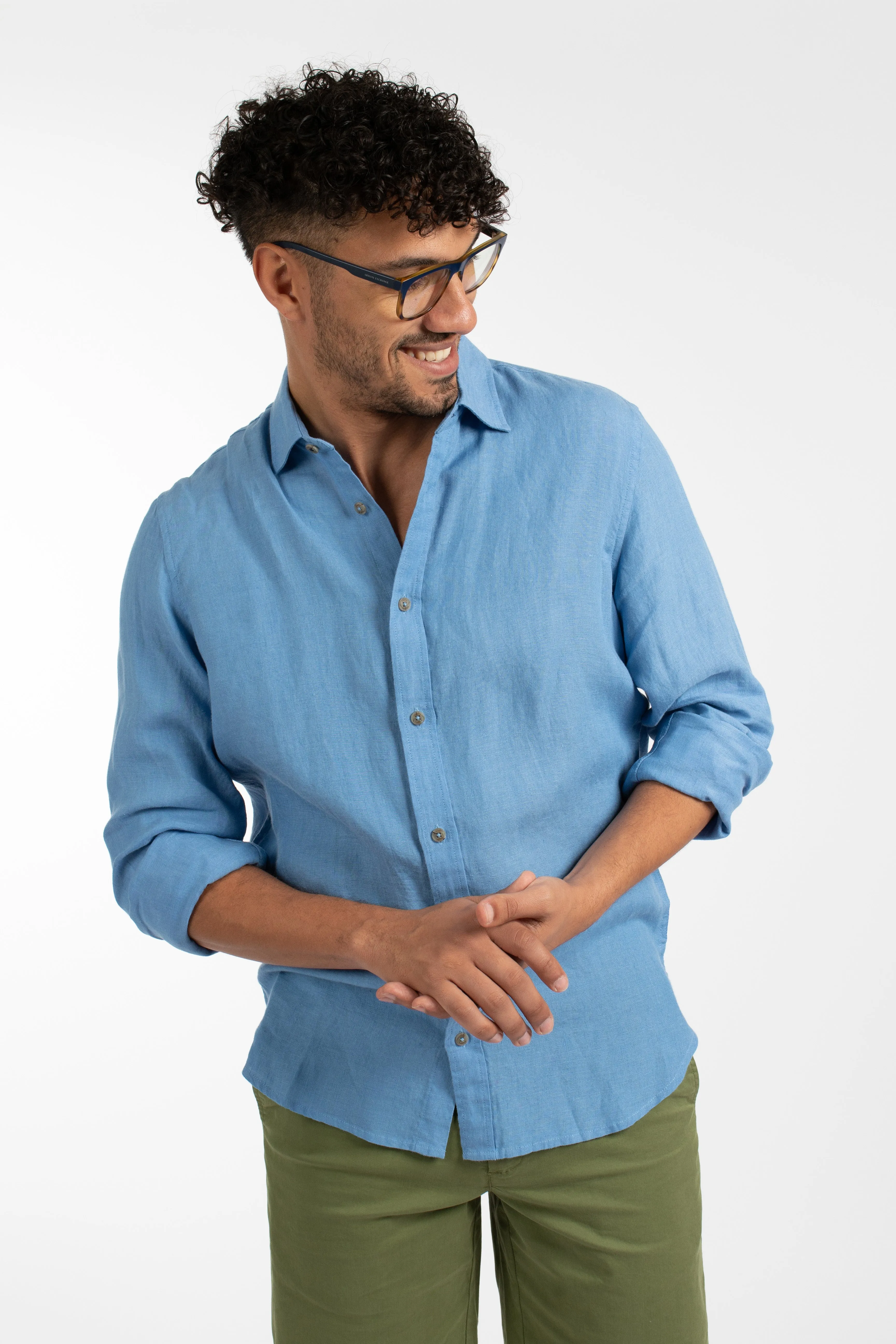 James Harper JHS500 L/S Linen Shirt - Mid Blue