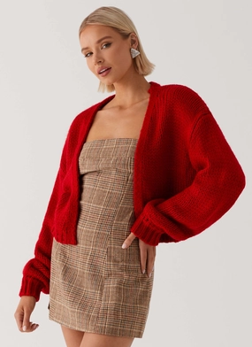 Contoured Back Panel Bold Statement Jasleen Knit Cardigan - Red