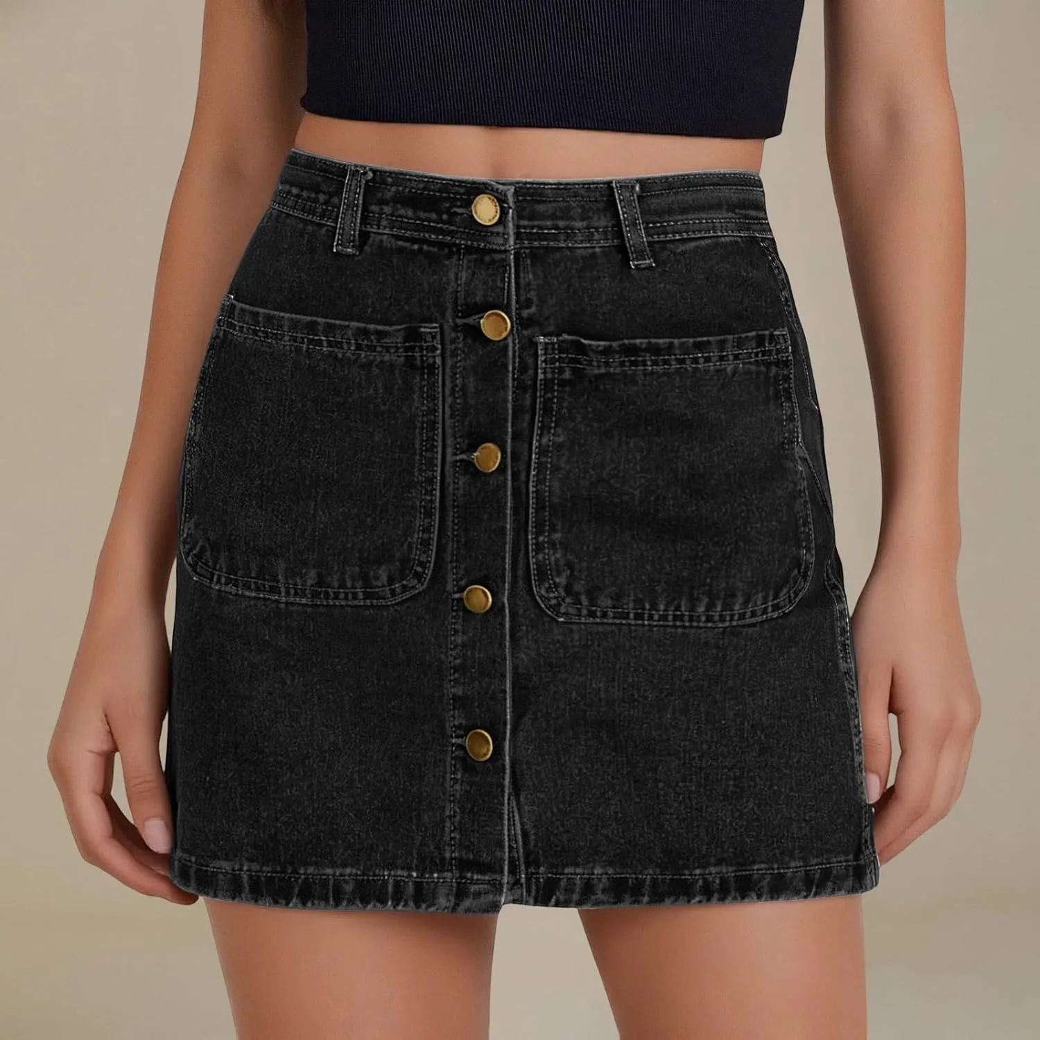 Jean Skirts for Women Denim High Waisted Trendy Stretchy Mini Button Front Short Pencil Skirt with Patch Pockets