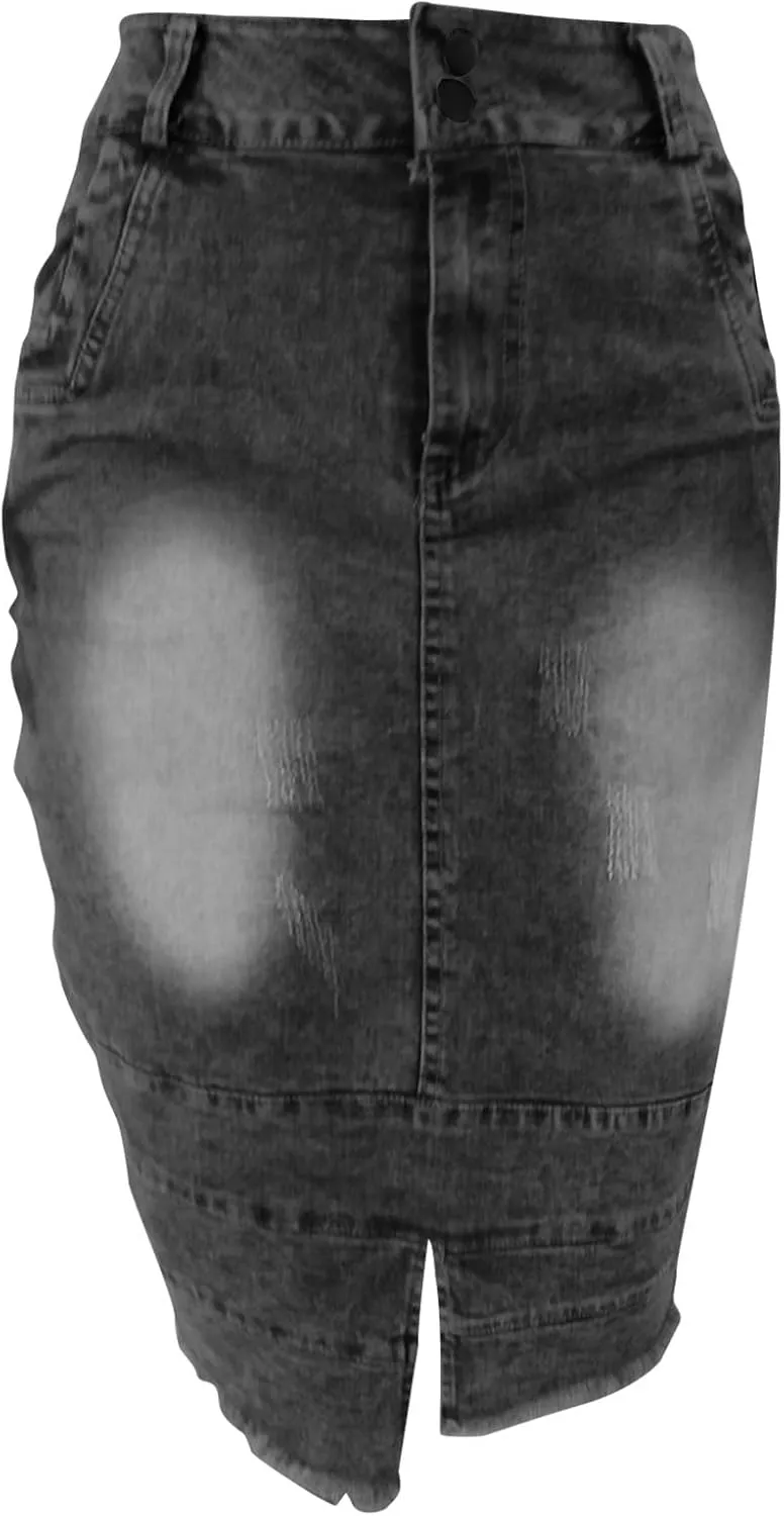 Jean Skirts for Women Patchwork High Low Slit Skirt High Waisted Button Front Denim Skirt Summer Keen Length Skirts