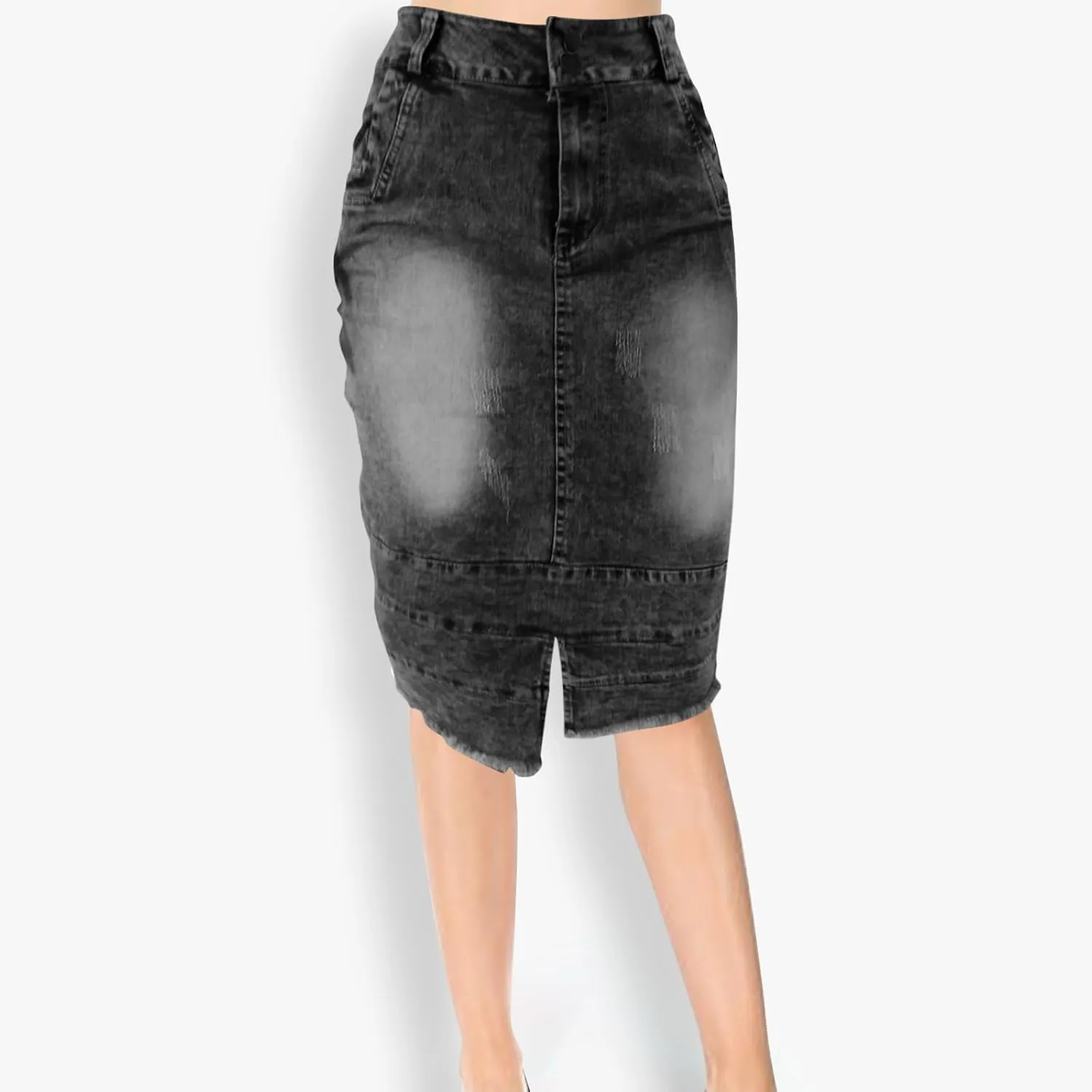 Jean Skirts for Women Patchwork High Low Slit Skirt High Waisted Button Front Denim Skirt Summer Keen Length Skirts