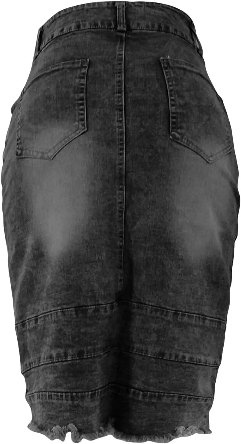 Jean Skirts for Women Patchwork High Low Slit Skirt High Waisted Button Front Denim Skirt Summer Keen Length Skirts