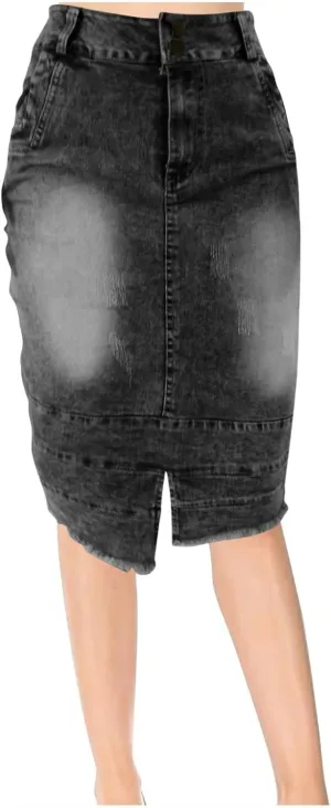 Jean Skirts for Women Patchwork High Low Slit Skirt High Waisted Button Front Denim Skirt Summer Keen Length Skirts