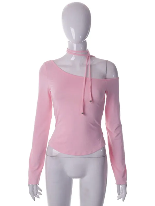 Jena Slanted Shoulder Waist Slit Long Sleeve Slim Hot Girl T-Shirt