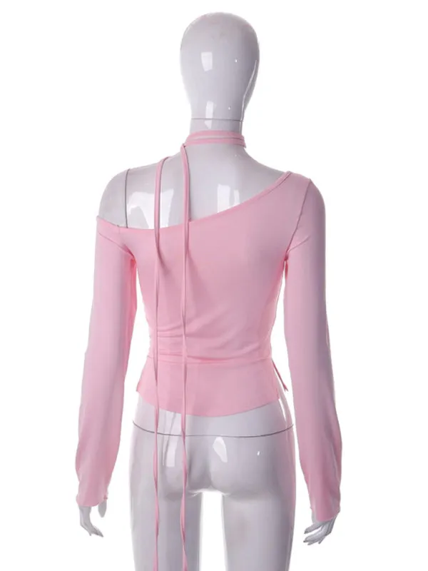 Jena Slanted Shoulder Waist Slit Long Sleeve Slim Hot Girl T-Shirt