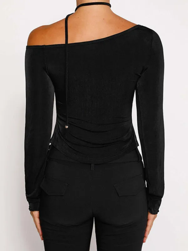 Jena Slanted Shoulder Waist Slit Long Sleeve Slim Hot Girl T-Shirt