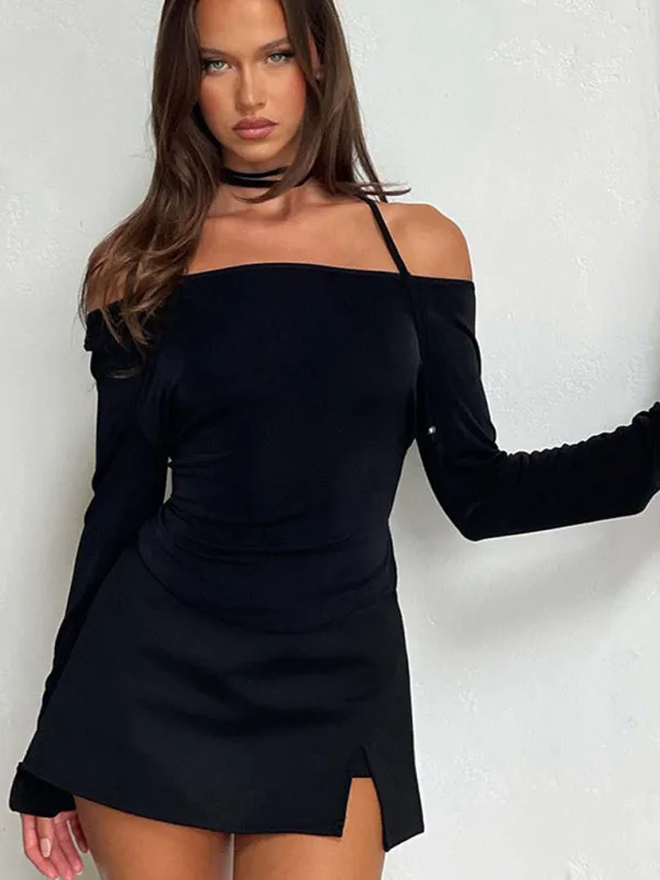 Jena Slanted Shoulder Waist Slit Long Sleeve Slim Hot Girl T-Shirt