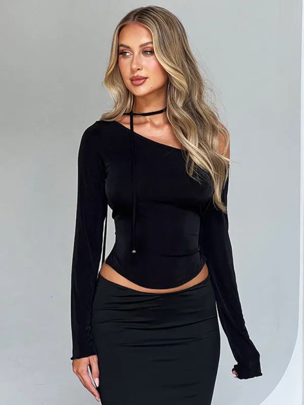 Jena Slanted Shoulder Waist Slit Long Sleeve Slim Hot Girl T-Shirt