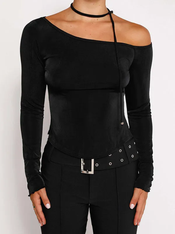 Jena Slanted Shoulder Waist Slit Long Sleeve Slim Hot Girl T-Shirt