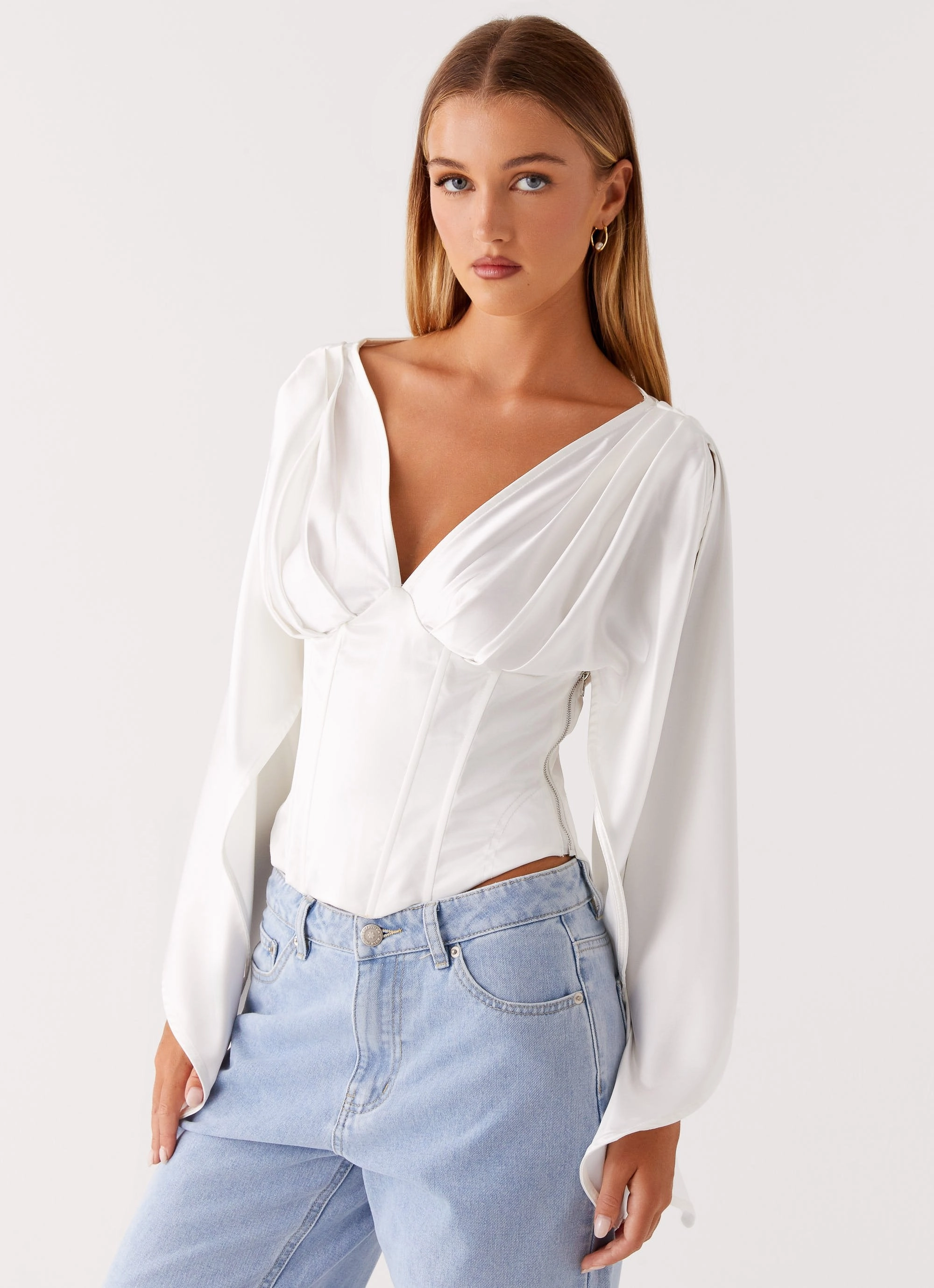 Contrast Stitch Detail Jennifer Long Sleeve Corset - Ivory