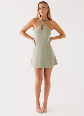Modern Finish Counting Stars Linen Halterneck Dress - Sage