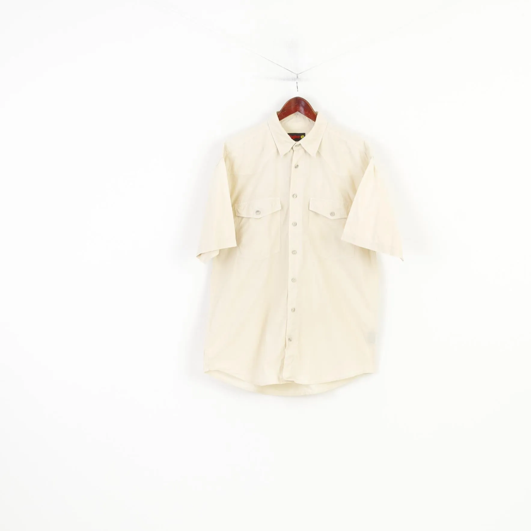 Jinglers Men L Casual Shirt Beige Cotton Short Sleeve Pockets Bottoms Collar Vintage Top