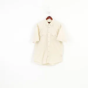 Jinglers Men L Casual Shirt Beige Cotton Short Sleeve Pockets Bottoms Collar Vintage Top