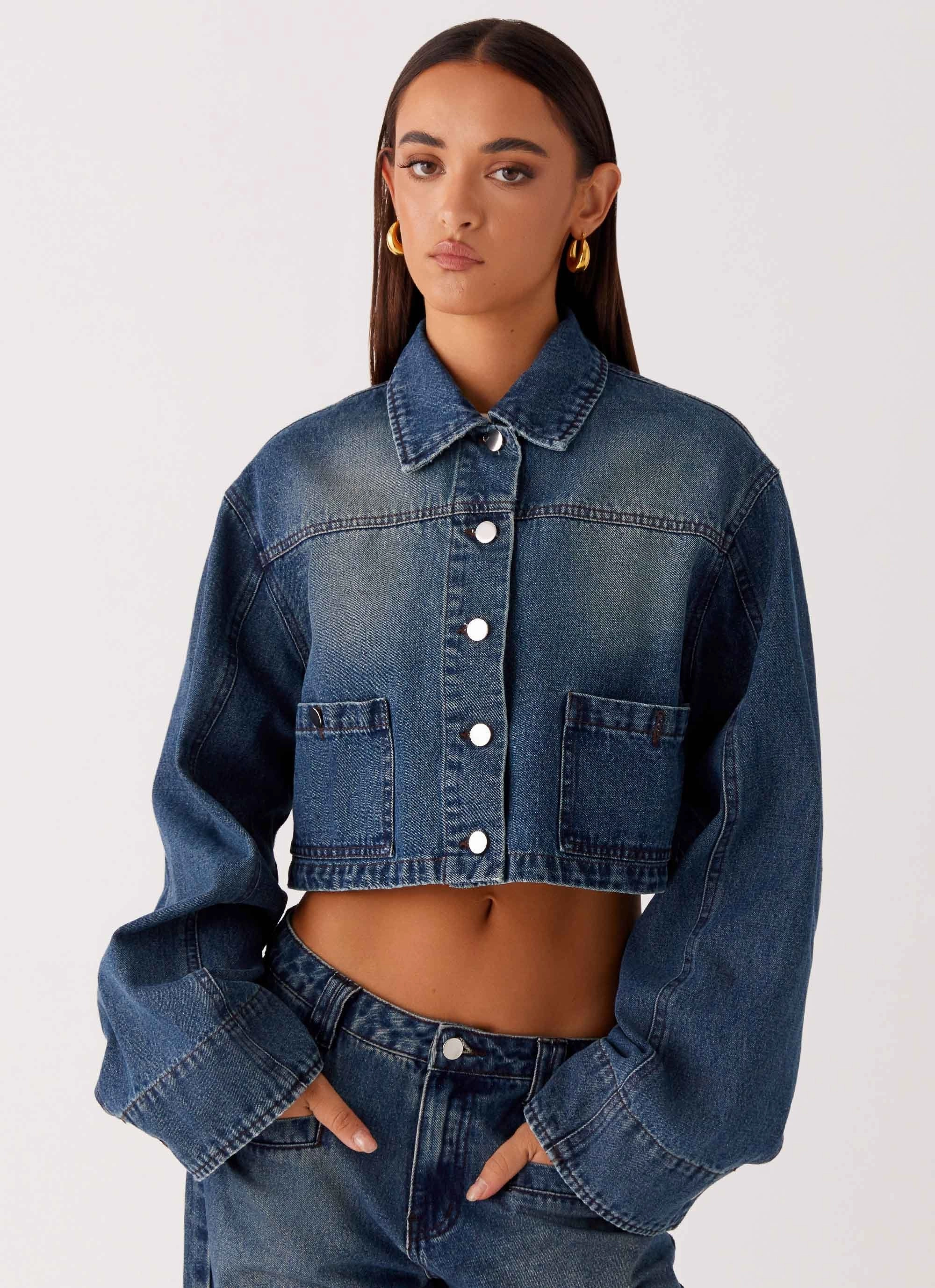 Relaxed Daily Style Reflective Safety Accents Joan Cropped Denim Jacket - Indigo