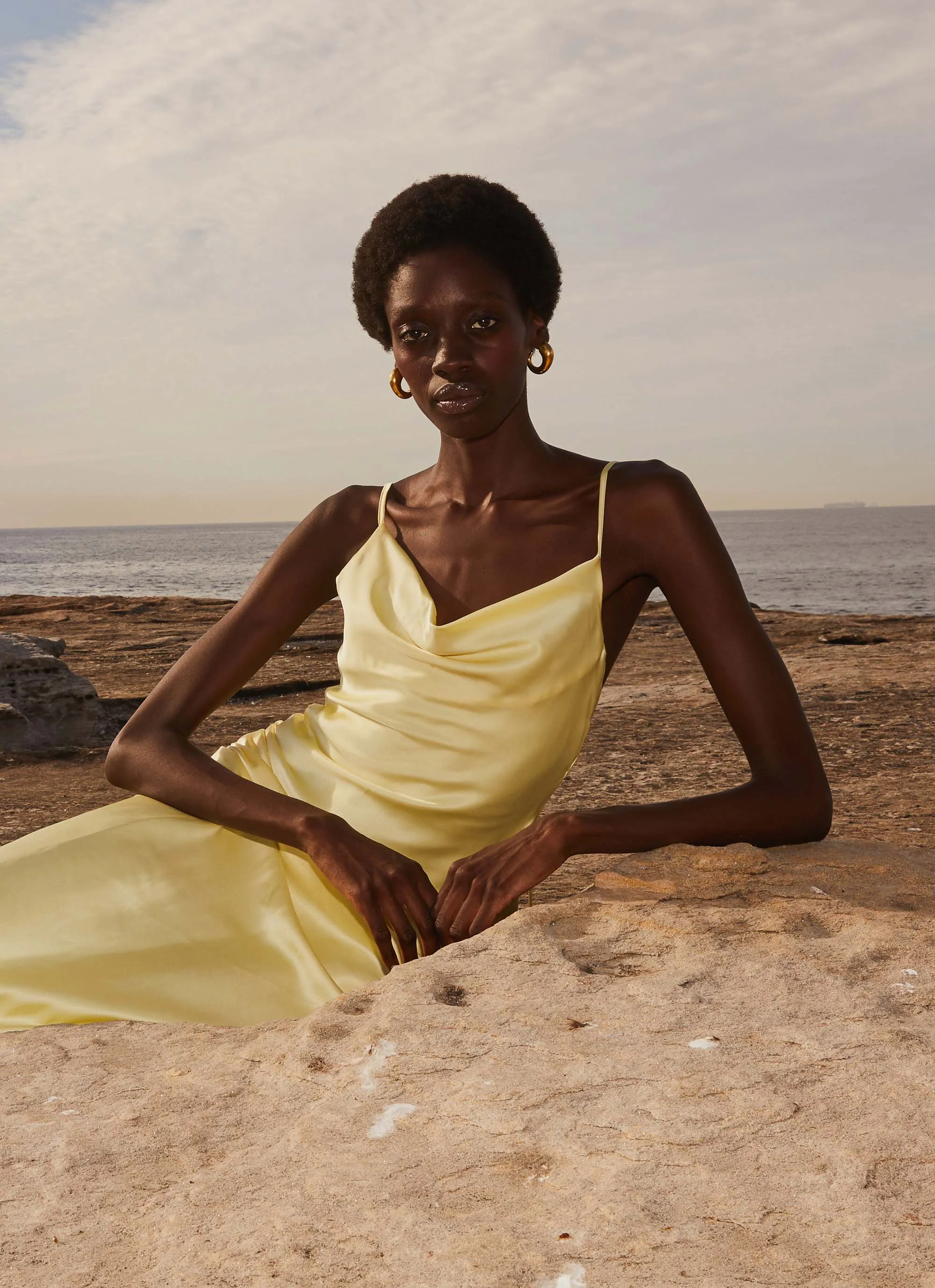 Joanna Satin Maxi Dress - Lemon Seasonal Wear Flattering Fit for All