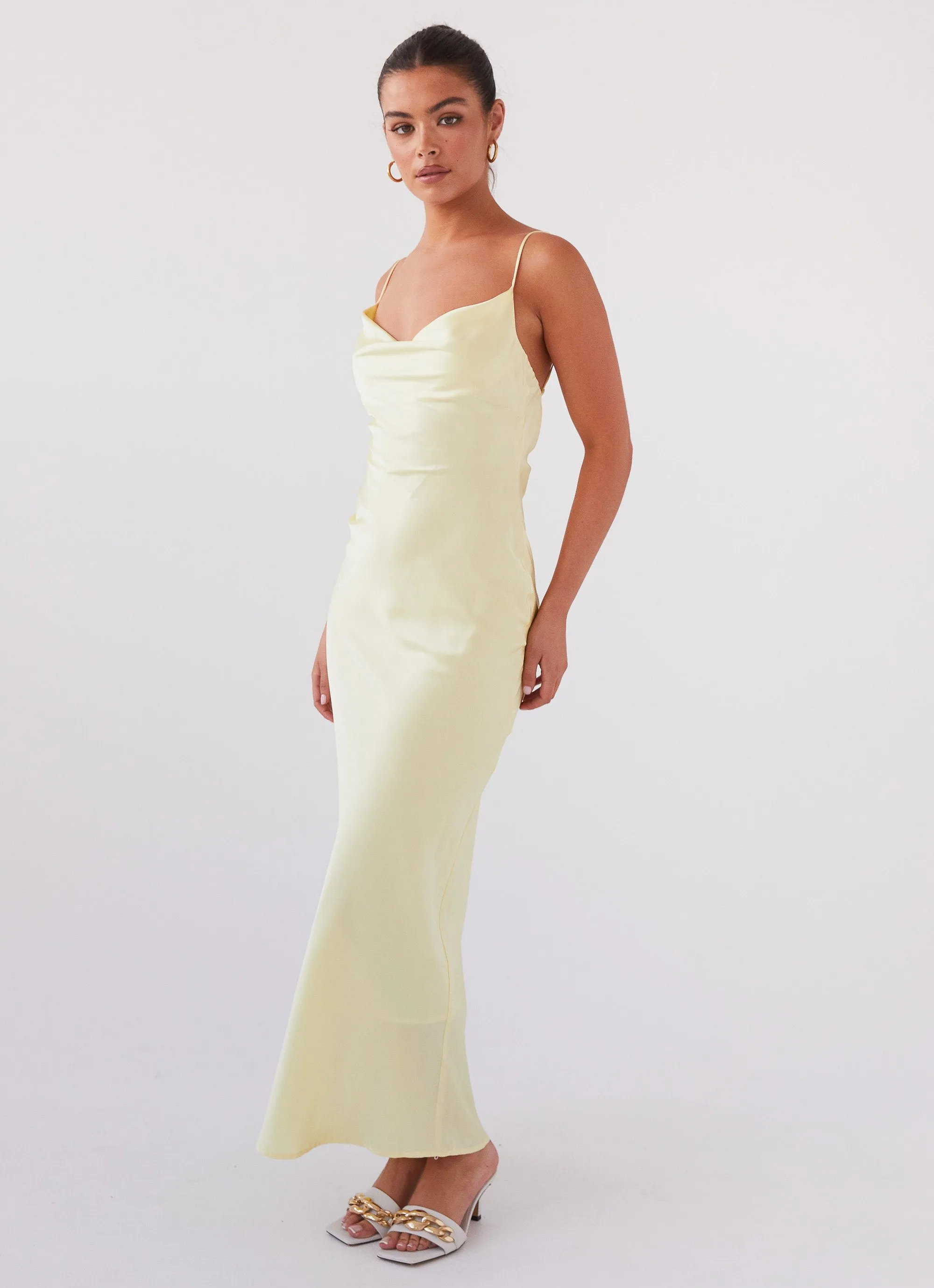 Joanna Satin Maxi Dress - Lemon Square-Neck Work Ready