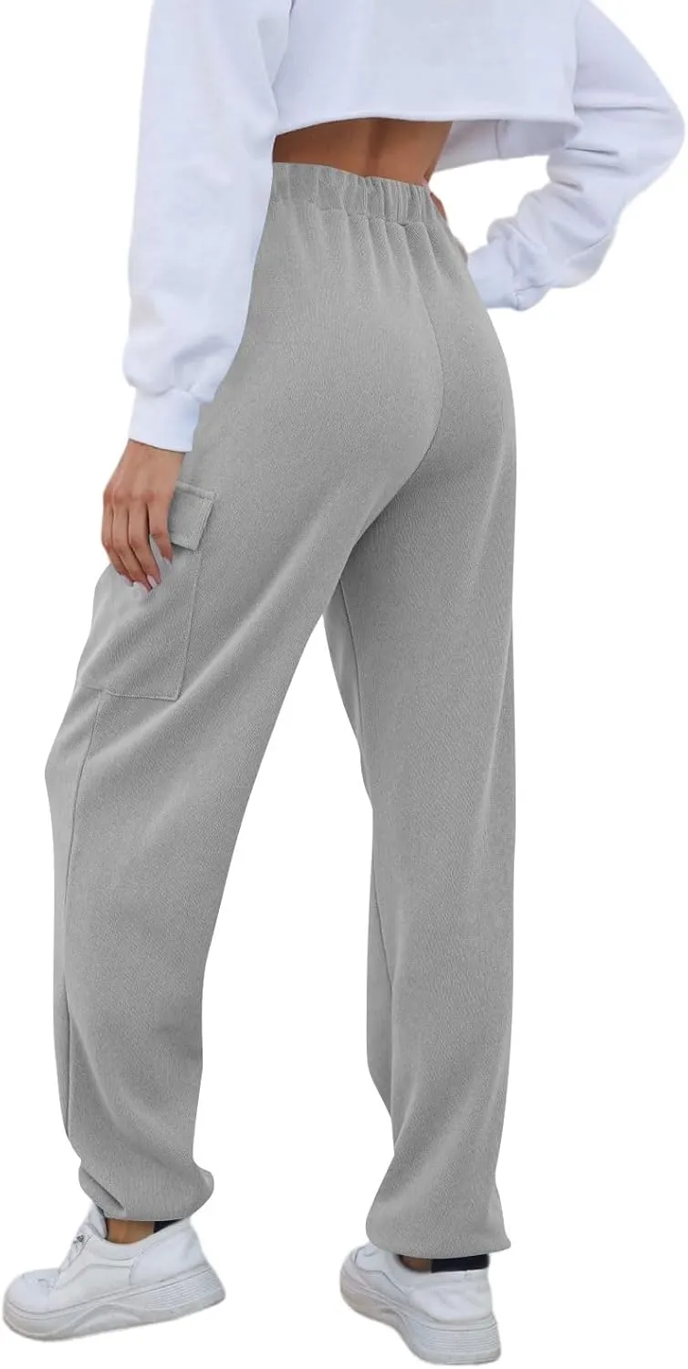 Joggers for Women Casual Fleece Drawstring High Waisted Sweatpants Baggy Button Hem Cargo Pants with Pockets