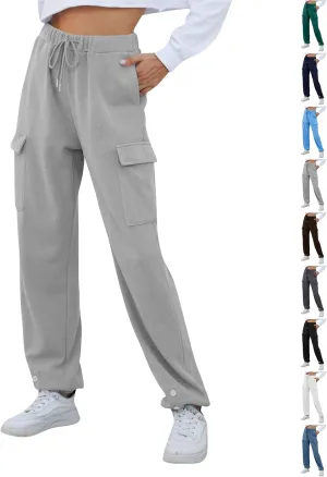 Joggers for Women Casual Fleece Drawstring High Waisted Sweatpants Baggy Button Hem Cargo Pants with Pockets