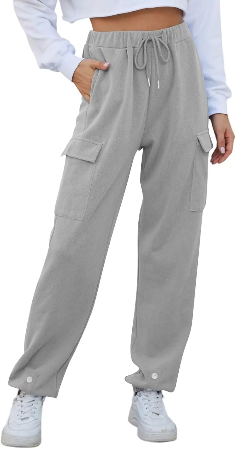 Joggers for Women Casual Fleece Drawstring High Waisted Sweatpants Baggy Button Hem Cargo Pants with Pockets