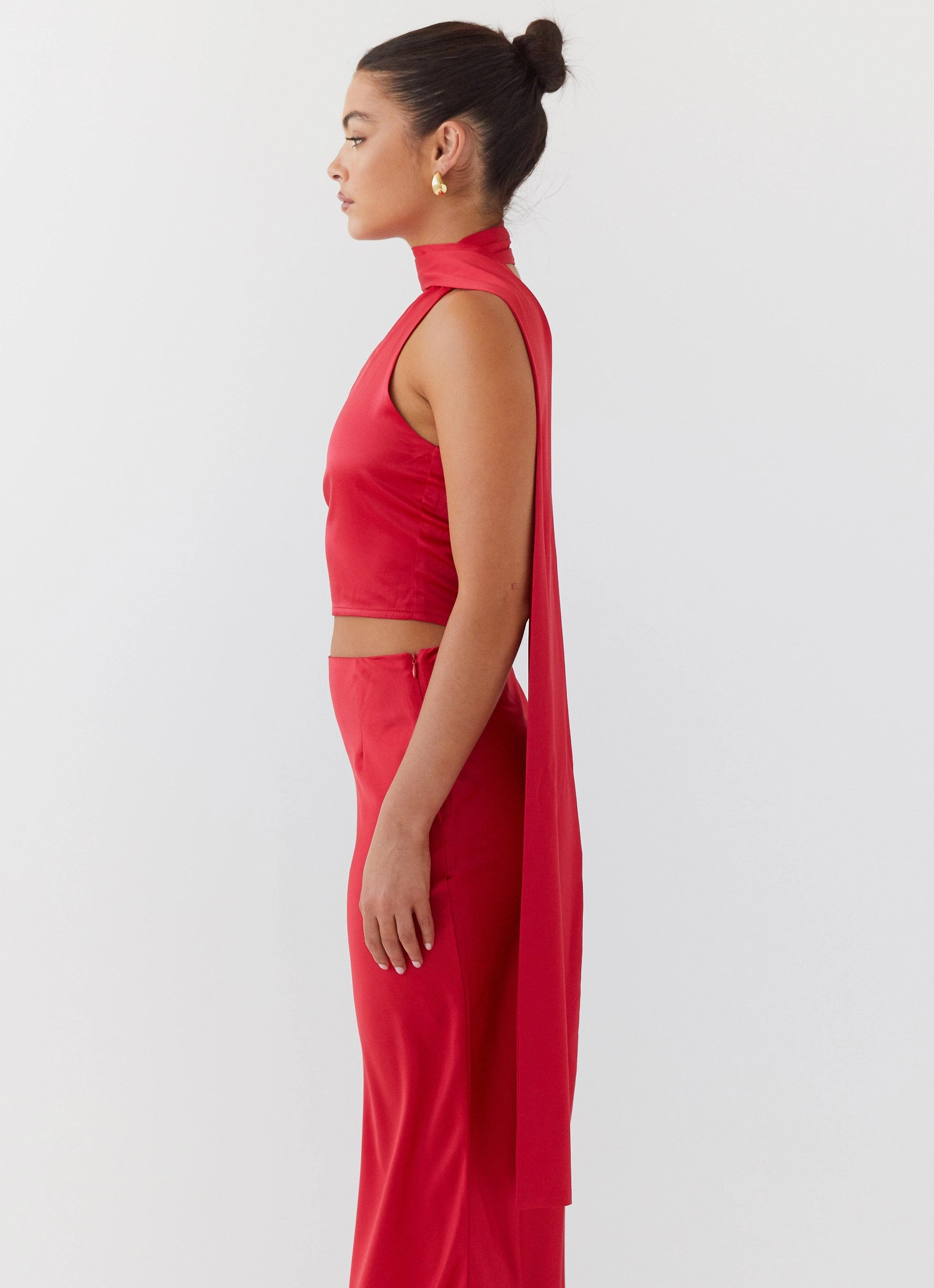 Josefina Satin Scarf Top - Rouge Red Bonded Fabric UV Protection Finish