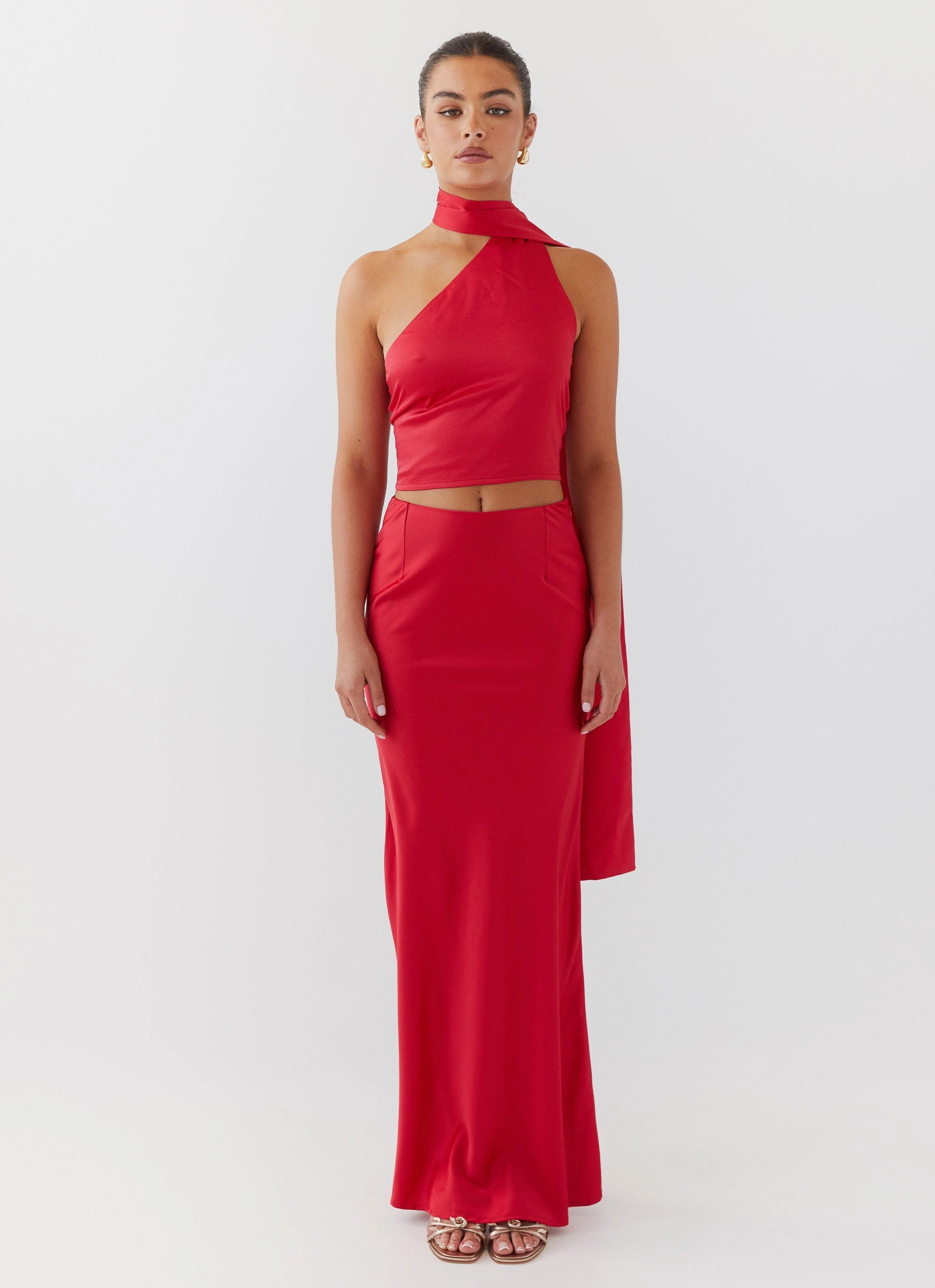 Josefina Satin Scarf Top - Rouge Red Compression Fit Technology ElasticWaistband