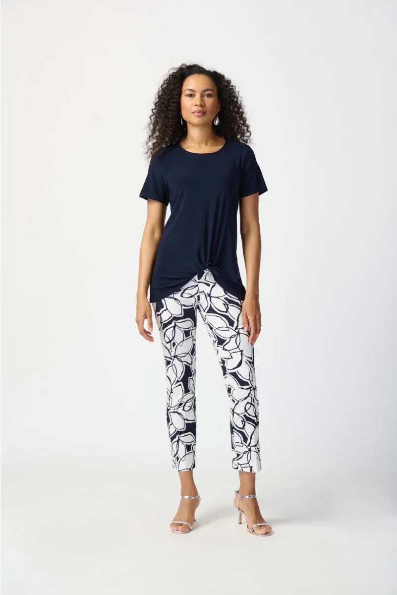 Joseph Ribkoff Midnight Blue/Vanilla Leaf Print Stretch Pull On Cropped Pants 241270