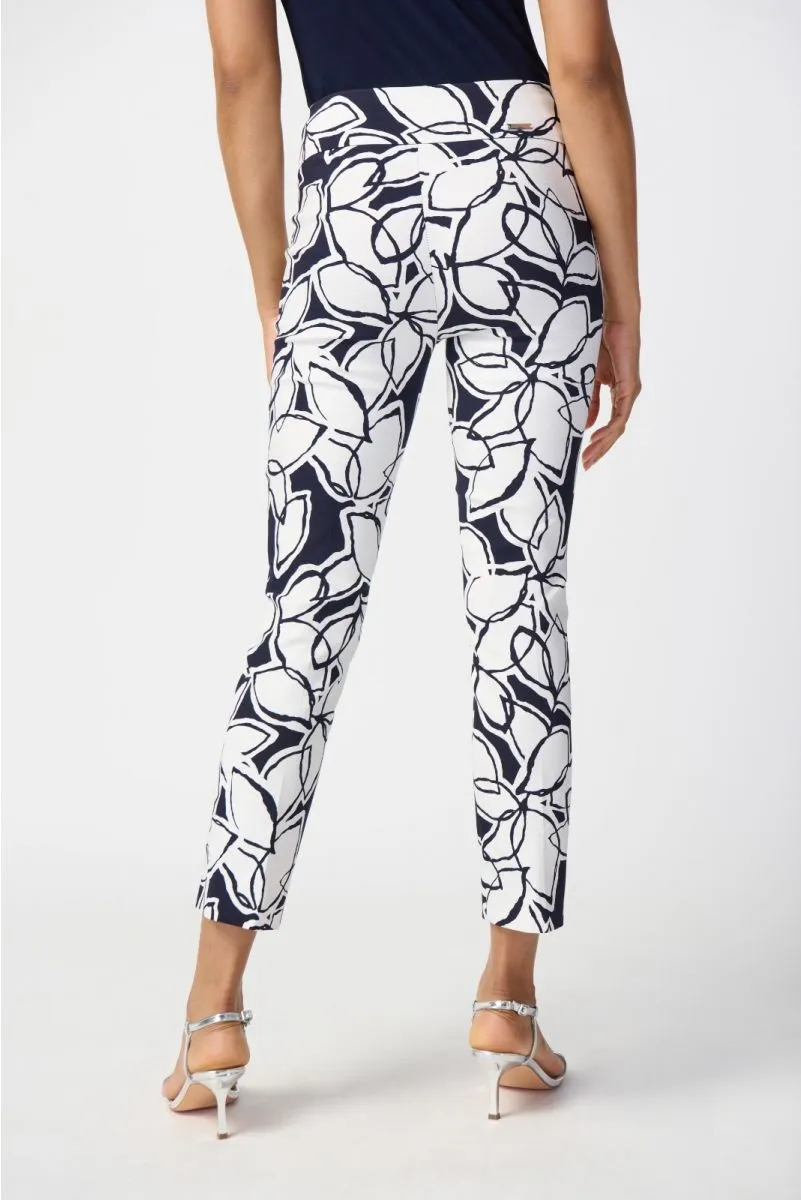 Joseph Ribkoff Midnight Blue/Vanilla Leaf Print Stretch Pull On Cropped Pants 241270
