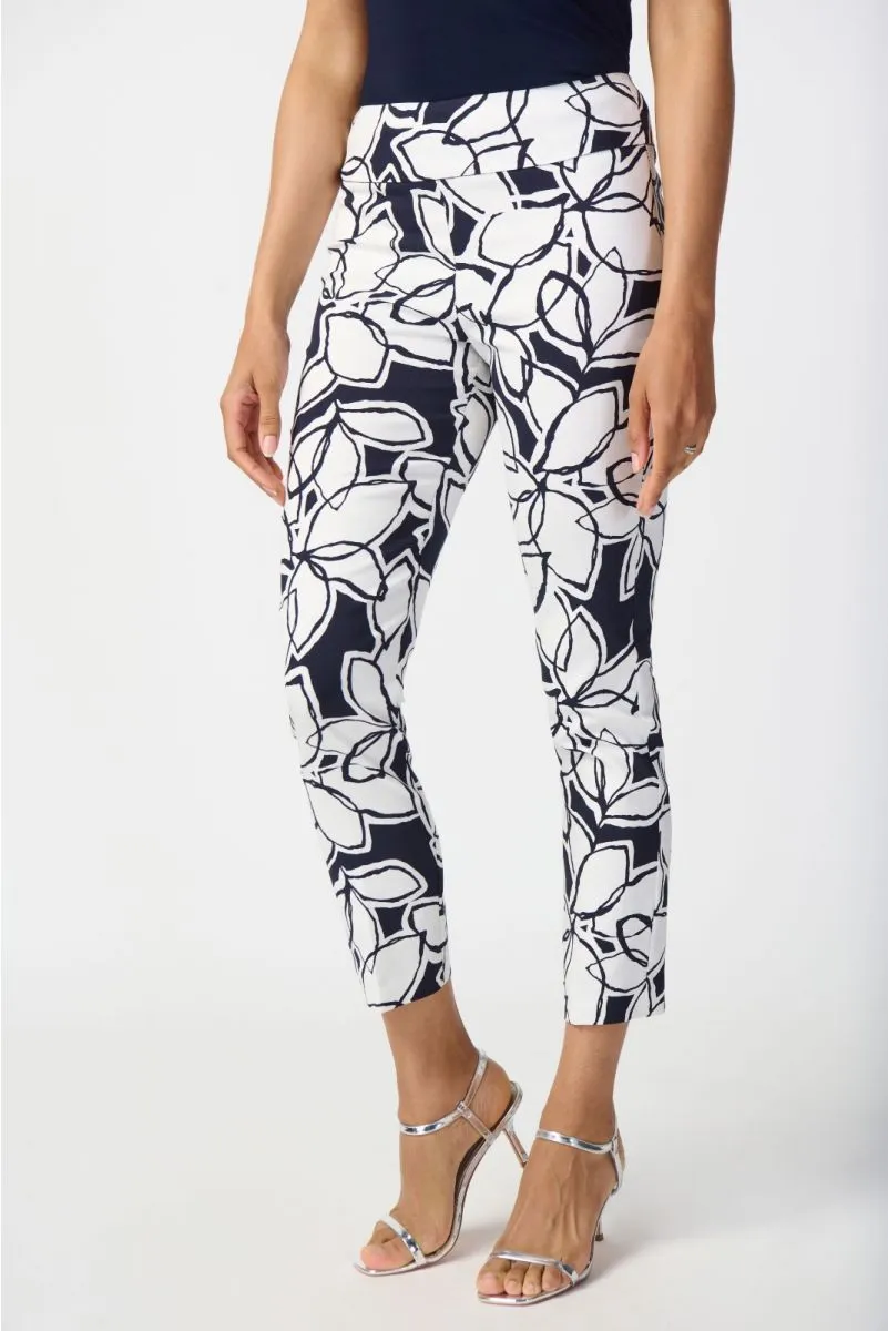 Joseph Ribkoff Midnight Blue/Vanilla Leaf Print Stretch Pull On Cropped Pants 241270