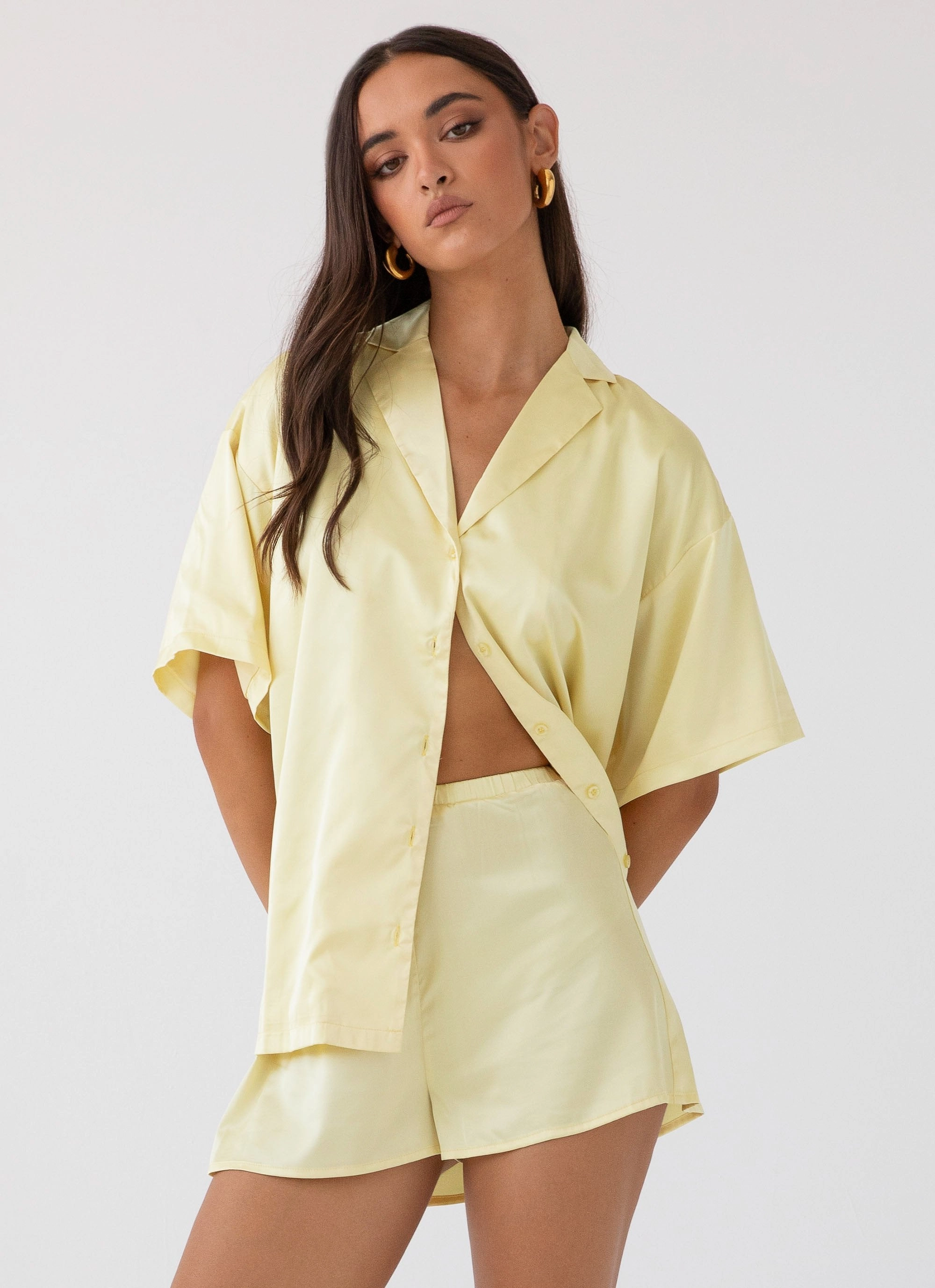 Julia Satin Oversized Shirt - Lemon Roll up sleeves Compression Packability