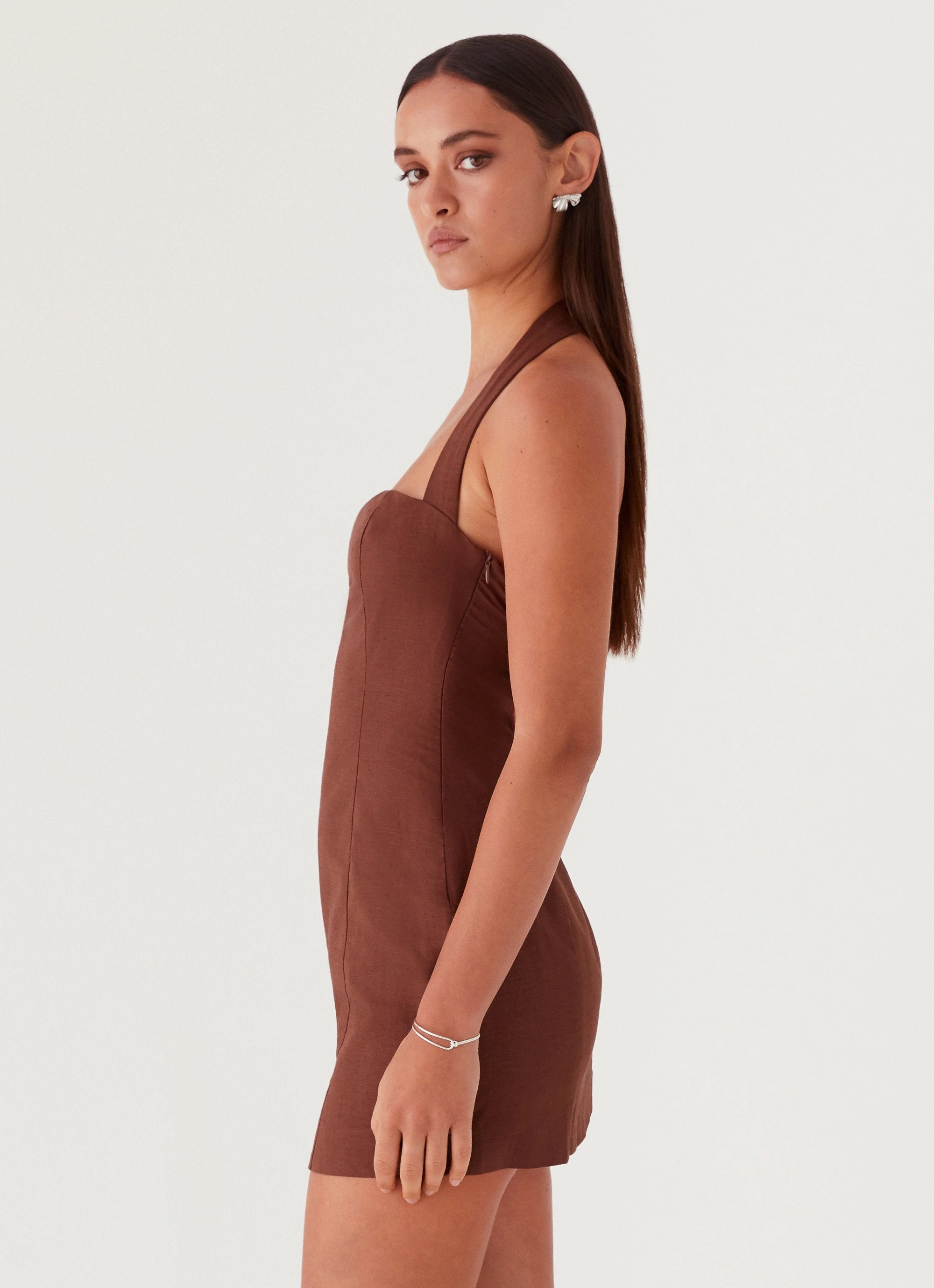 Power Soft Care-Instructions-Included Julianna Linen Mini Dress - Chocolate
