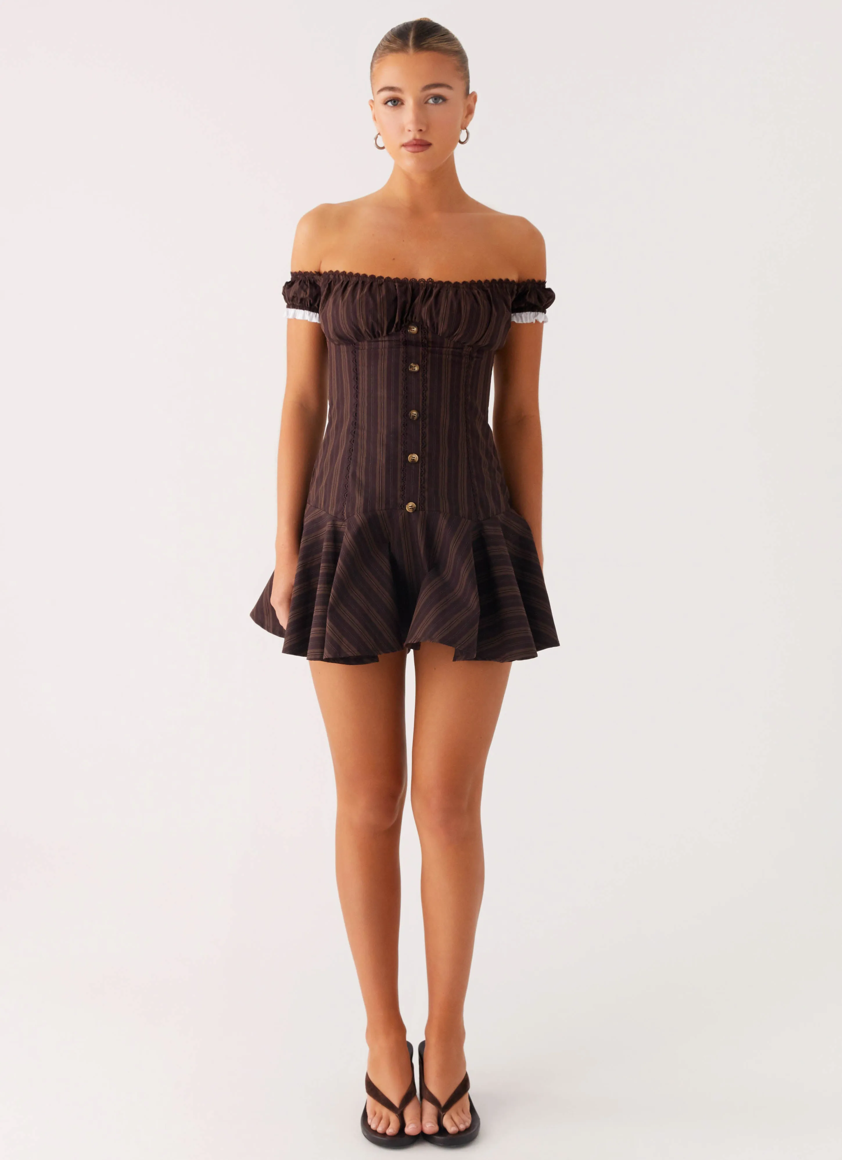 Jumana Off Shoulder Mini Dress - Toffee Stripe Charming Design Tailored Layers