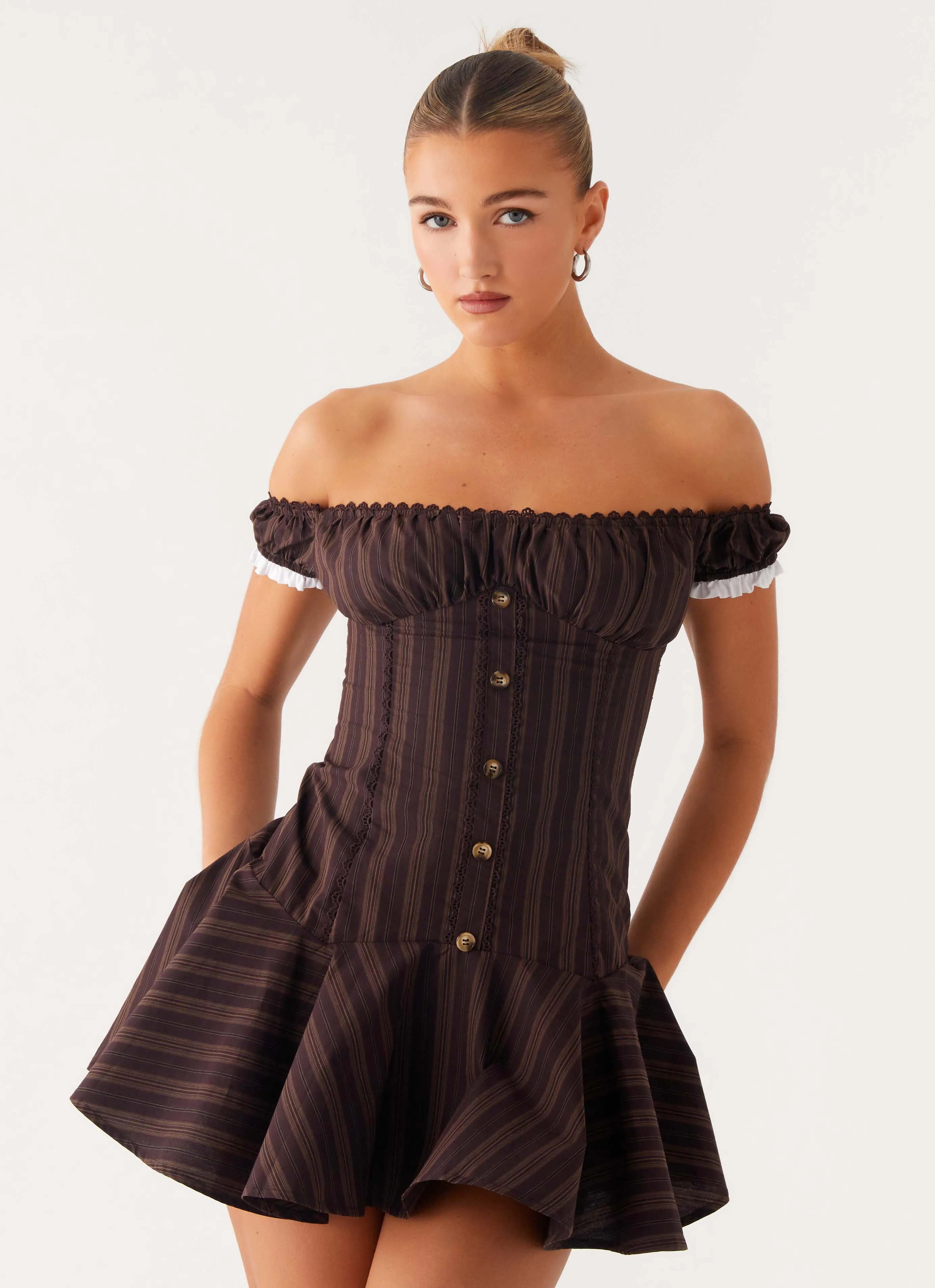 Gender Free Jumana Off Shoulder Mini Dress - Toffee Stripe