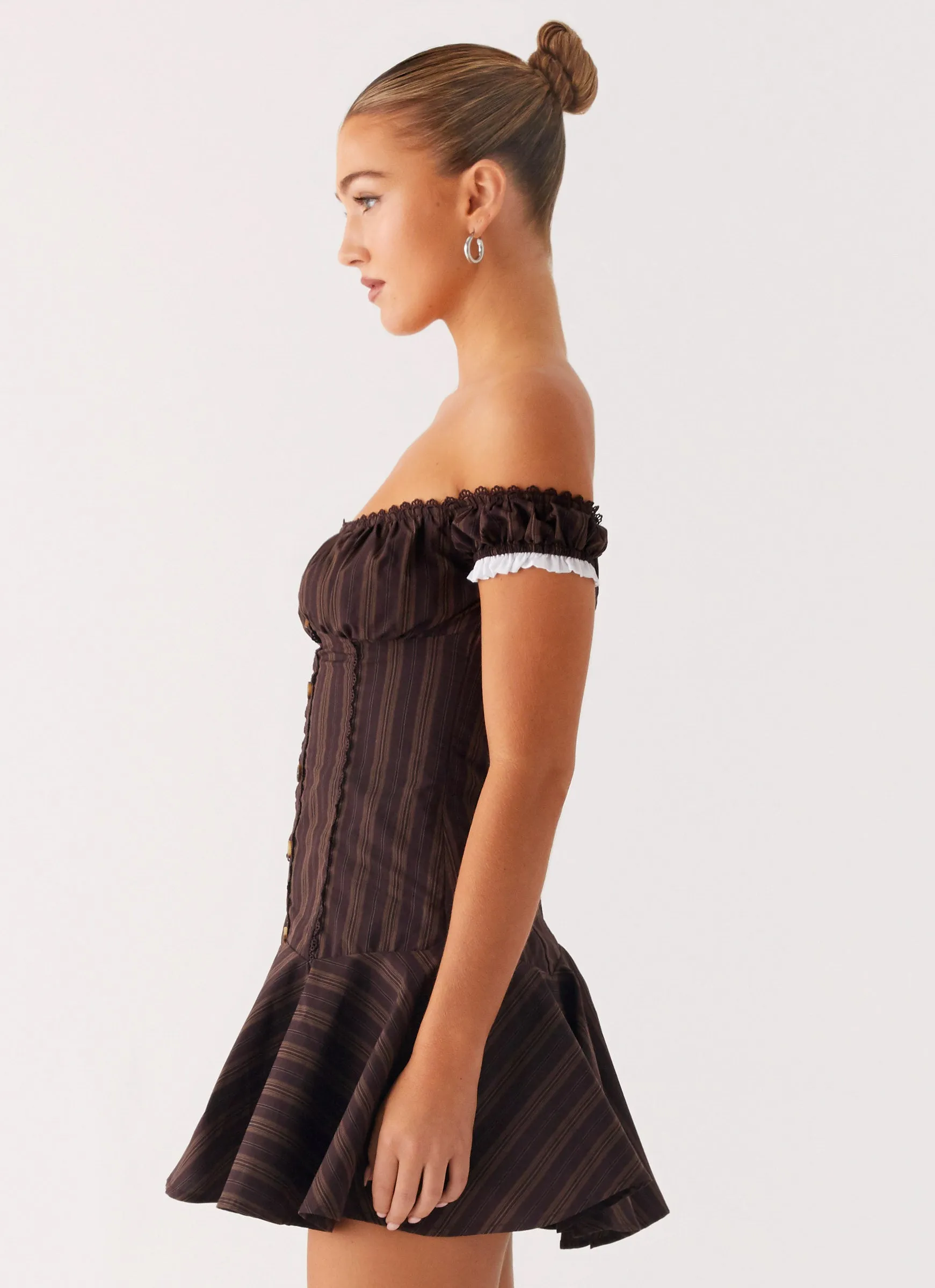 Jumana Off Shoulder Mini Dress - Toffee Stripe Versatile Design Tassel-Detail