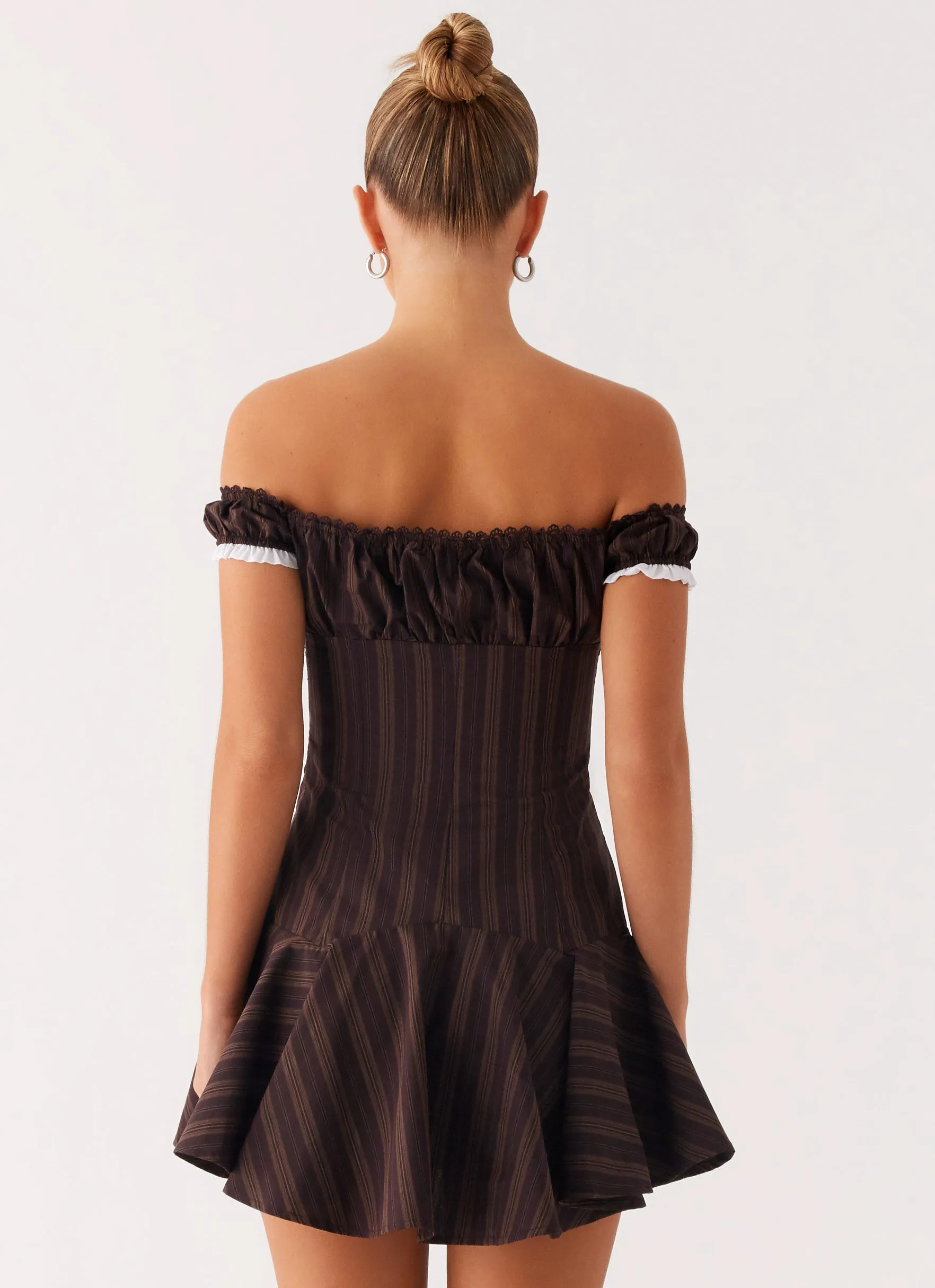 Jumana Off Shoulder Mini Dress - Toffee Stripe Slim Shape Vacation Outfit