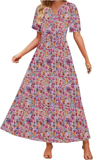 Juniors Short Sleeve Dresses for Women Vneck Color Block Floral Midi Loose Fit Boho A Line Fall Summer Dresses 2025
