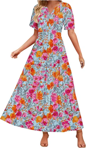Juniors Short Sleeve Dresses for Women Vneck Color Block Floral Midi Loose Fit Boho A Line Fall Summer Dresses 2025