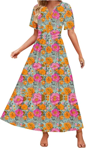 Juniors Short Sleeve Dresses for Women Vneck Color Block Floral Midi Loose Fit Boho A Line Fall Summer Dresses 2025