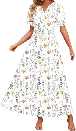 Juniors Short Sleeve Dresses for Women Vneck Color Block Floral Midi Loose Fit Boho A Line Fall Summer Dresses 2025