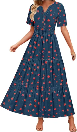 Juniors Short Sleeve Dresses for Women Vneck Color Block Floral Midi Loose Fit Boho A Line Fall Summer Dresses 2025