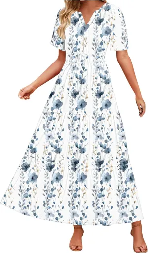 Juniors Short Sleeve Dresses for Women Vneck Color Block Floral Midi Loose Fit Boho A Line Fall Summer Dresses 2025